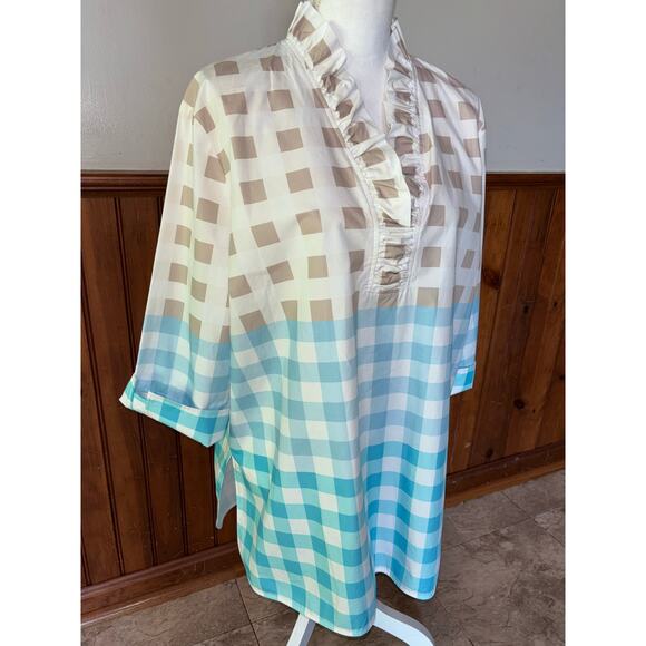 Womens Ming Wang Ruffled Cotton Gingham Blouse Blue‎ Tan 3/4 Sleeve Size XL - Picture 2 of 8